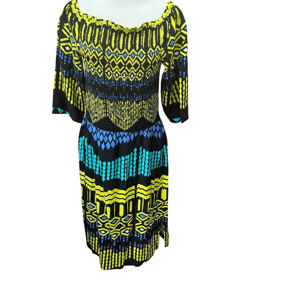 Ashro Womens Off Shoulder Dress Size 14 Black Colorful Print Smocked
